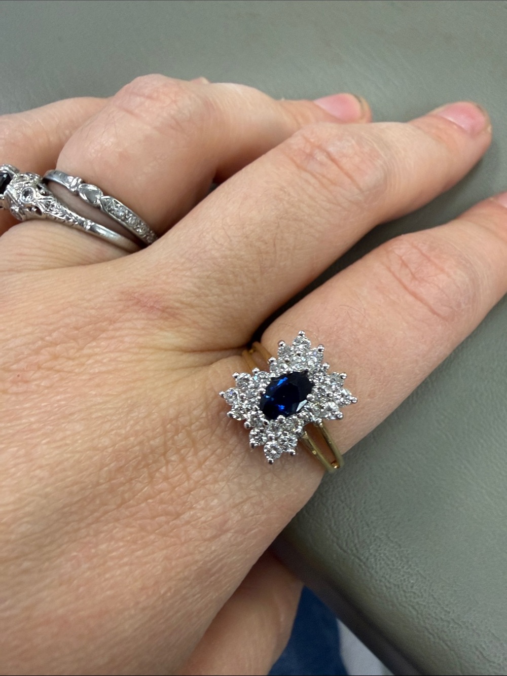 Blue Sapphire and Diamond Halo Yellow Gold Ring - size 8